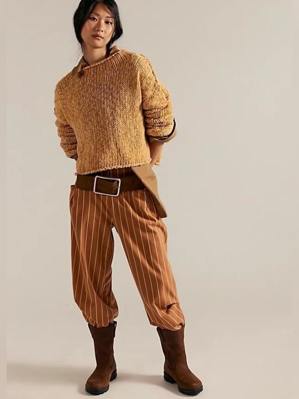 NWT Free People Nice Choice Pull-On Trousers in Brown & White Pinstripes.